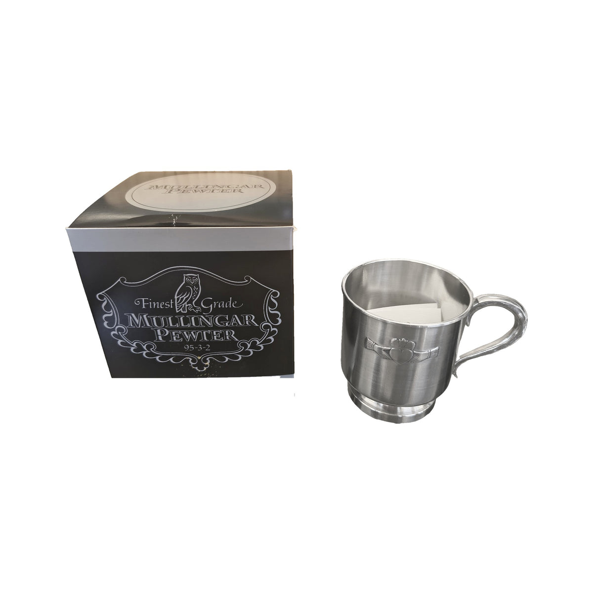 Mullingar Pewter Claddagh Cup with gift box, angled view
