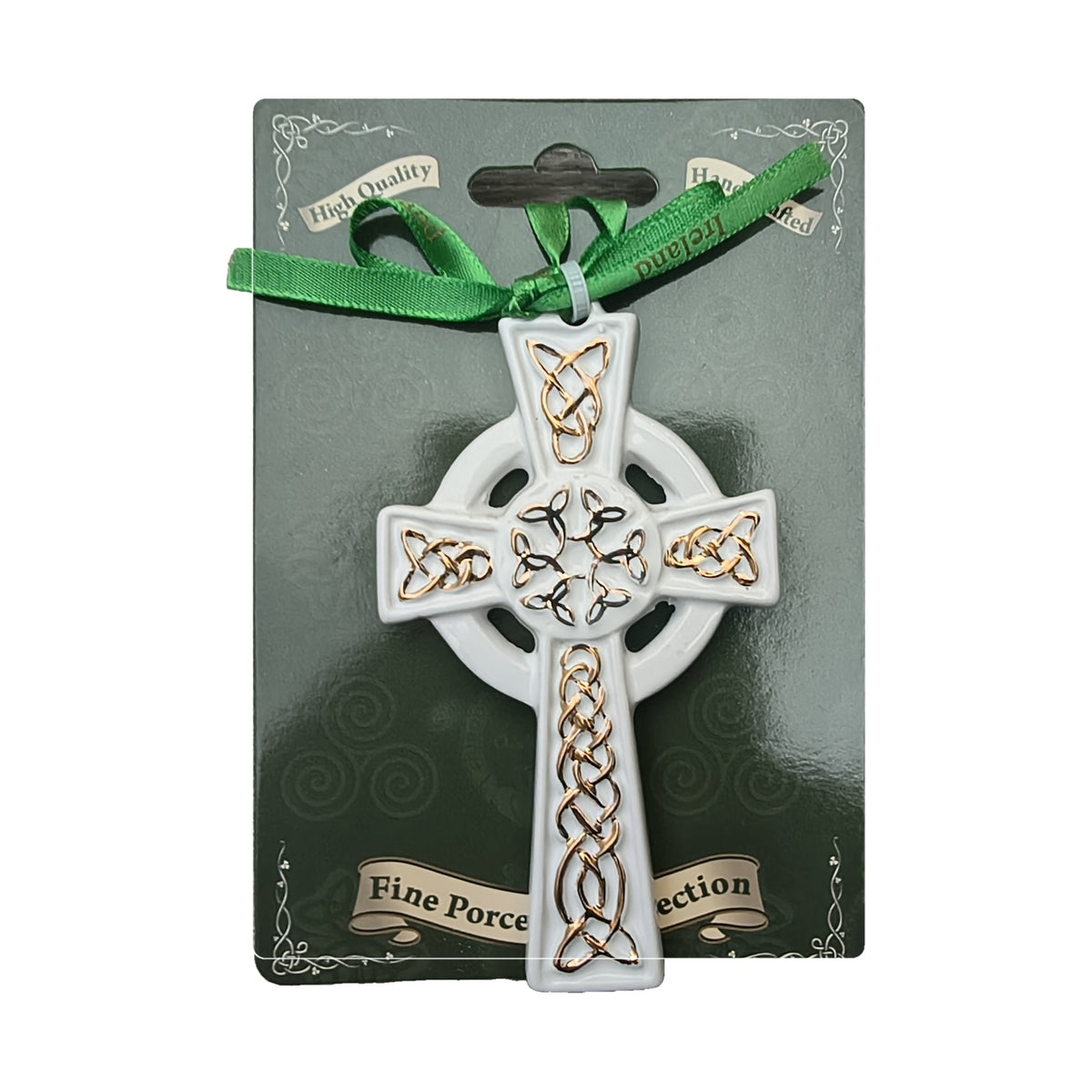 Porcelain Celtic cross hanging ornament with gold knotwork