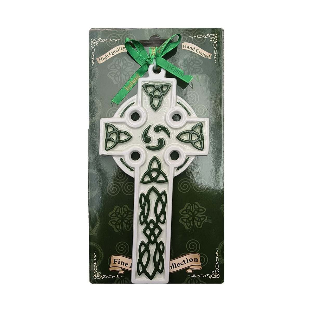 Porcelain Celtic cross hanging ornament with green knotwork