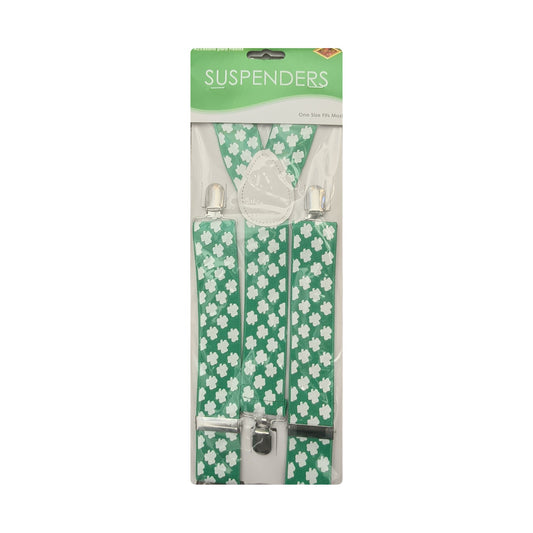 Green and white shamrock print suspenders in package