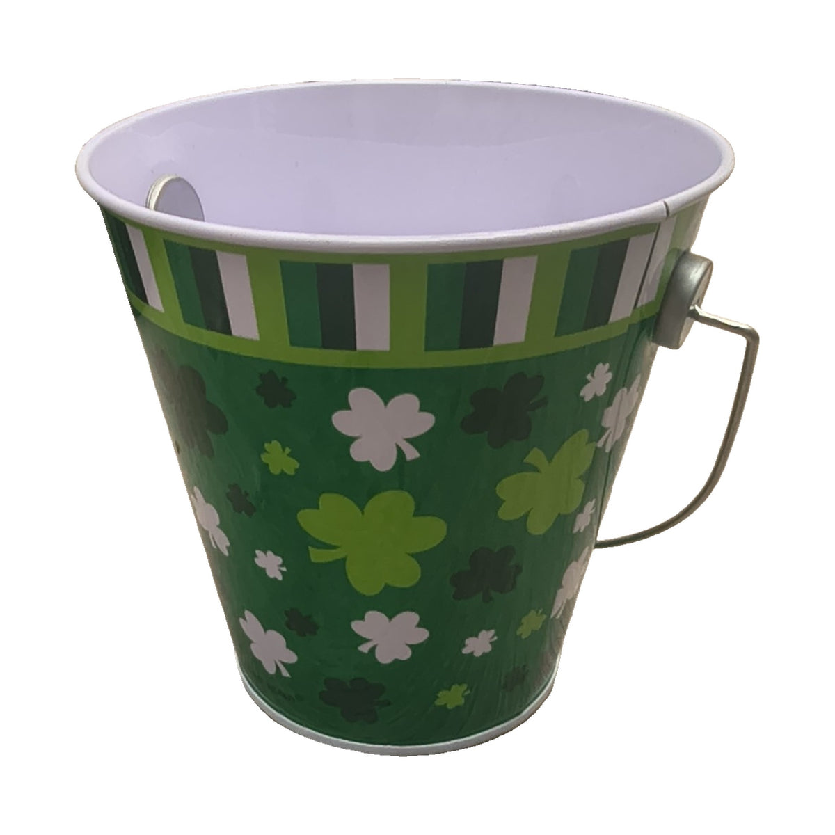 Green shamrock print tin bucket with handle