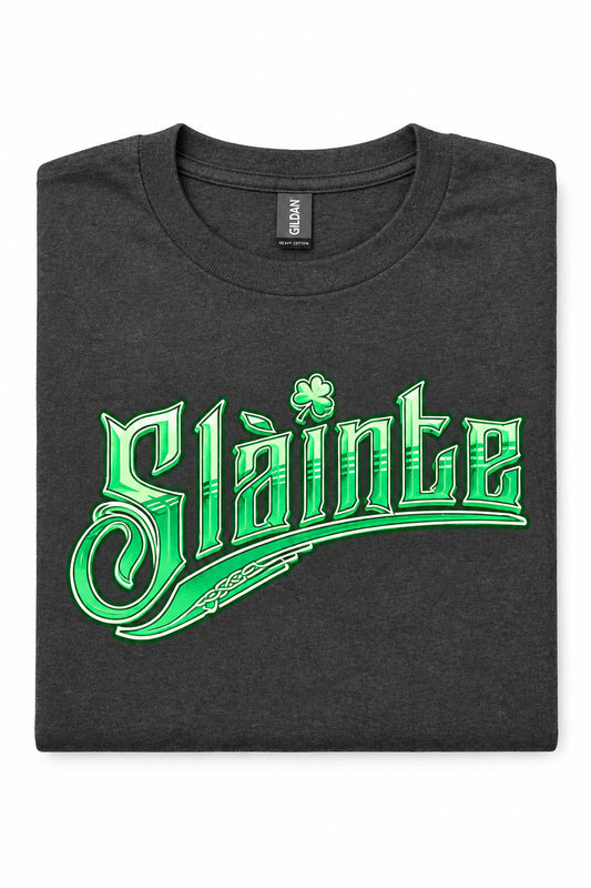 Black Sláinte T-shirt with green lettering and shamrock