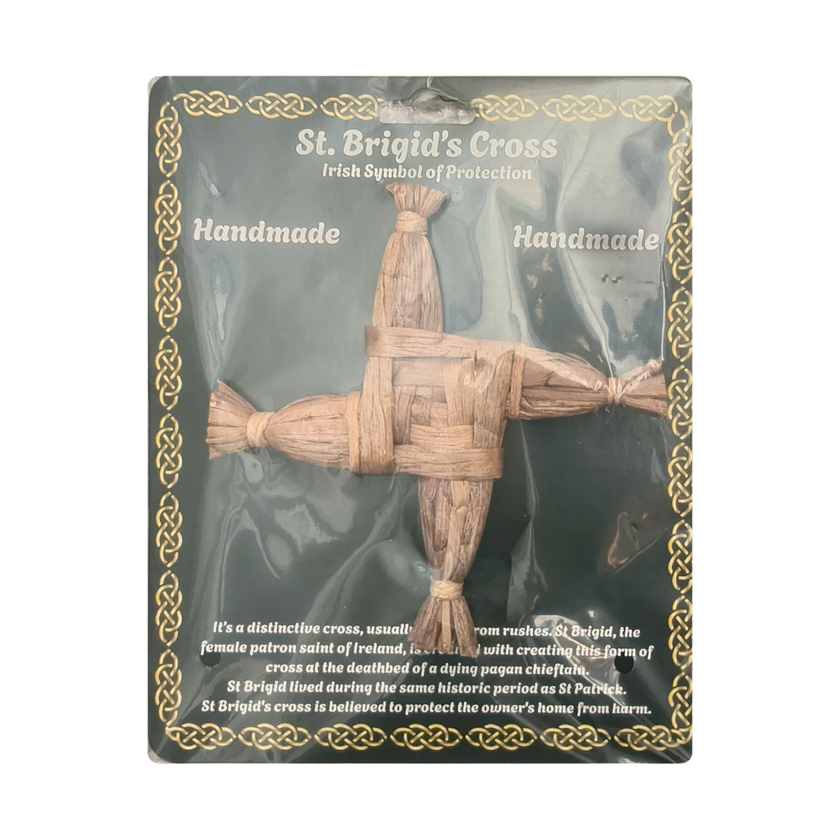 Handmade rush St. Brigid's Cross, 5 inch, on card