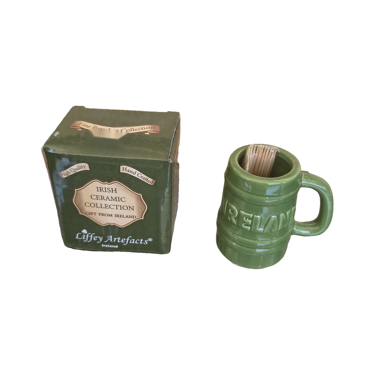 Irish ceramic toothpick holder – Green Ireland Tankard with box