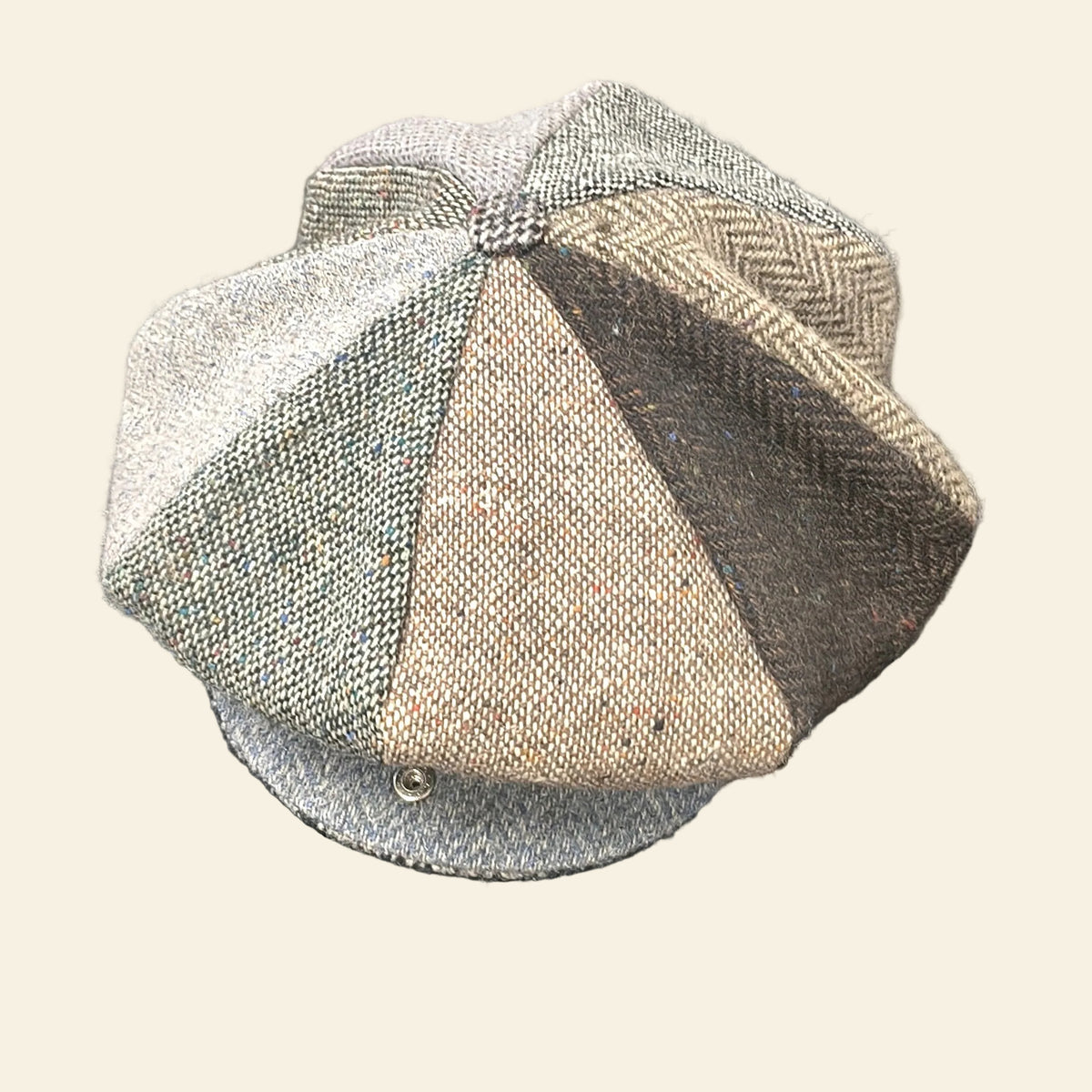 Tweed Patchwork Cap – herringbone tweed newsboy cap in grey, brown and tan panels
