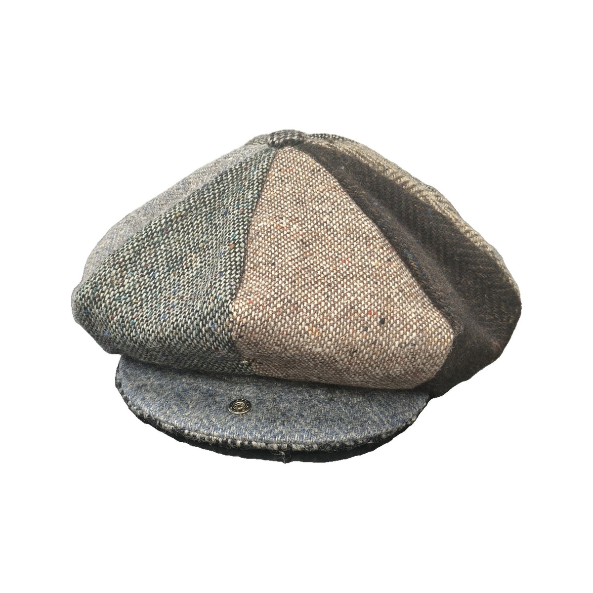 Tweed patchwork flat cap, side view